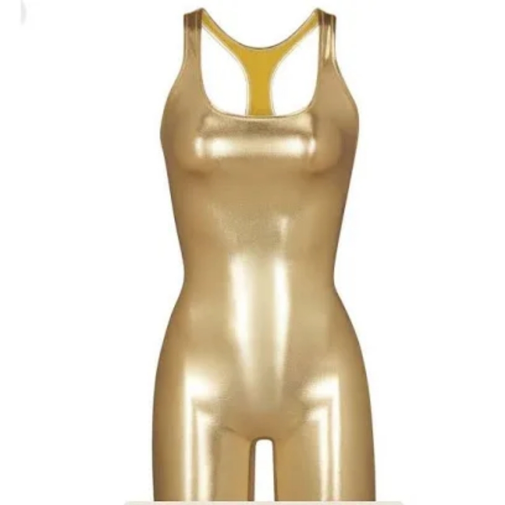SKIMS Women's Metallic Gold Racerback Cycle Swimsuit - SIZE XS